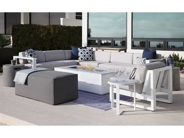 Sunset West Newport Aluminum Frosted White Sectional Fire Pit Lounge Set in Cast Silver SWNWPRTQCKSECFRPTLNGSET2