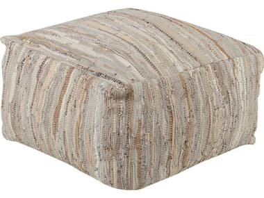 Surya Anthracite 24" Cream Ivory Pale Blue Brown Fabric Upholstered Ottoman SYATPF001