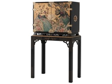 Theodore Alexander Althorp Living History 37" Black Beech Wood Chinoiserie Peacock Bar Cabinet TALAL61087