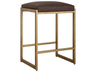 Uttermost Atticus Cocoa Antique Brushed Brass Faux Leather Upholstered Counter Stool UT23419