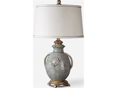 Uttermost Cancello Distressed Light Blue Glaze Round Brass Table Lamp UT26483
