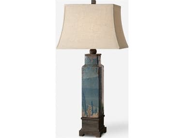 Uttermost Soprana Distressed Blue Glaze Rectangle Bell Shade Bronze Table Lamp UT26833