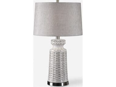 Uttermost Kansa Distressed Glossed White Slightly Tapered Round Hardback Table Lamp UT275351