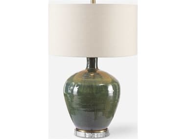 Uttermost Elva Crystal Distressed Emerald Green Round Hardback Drum Brass Buffet Lamp UT27759