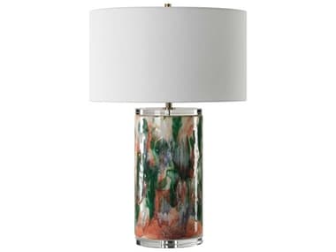 Uttermost Verdant Green Blue Salmon Round Drum Hardback Buffet Lamp UT30398