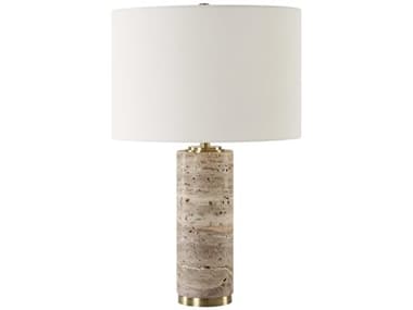 Uttermost Cortado Honed Travertine Round Hardback Drum Gray Table Lamp UT30403