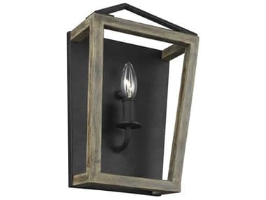 Visual Comfort Studio Gannet 14" Tall 1-Light Weathered Oak Wood Antique Forged Iron Brown Wall Sconce VCSWB1877WOWAF