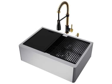 Vigo Oxford Stainless Steel 30'' Rectangular Single-Bowl Farmhouse Kitchen Sink with Matte Gold / Matte Black Brant Faucet VIVG151006