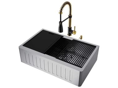 Vigo Oxford Stainless Steel 33" Rectangular Single-Bowl Farmhouse Kitchen Sink with Matte Gold / Matte Black Brant Faucet VIVG151007