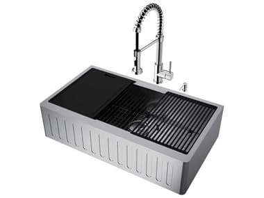 Vigo Oxford Stainless Steel 36" Rectangular Single-Bowl Undermount Slotted-Front Farmhouse Kitchen Sink with Chrome Pull-Down Sprayer Edison Kitchen Faucet and Soap Dispenser VIVG15888