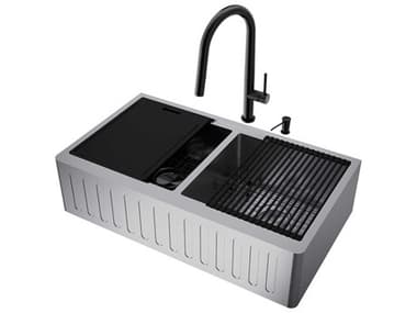 Vigo Oxford Stainless Steel 36'' Rectangular Double-Bowl Undermount Slotted-Front Farmhouse Kitchen Sink with Matte Black Pull-Down Sprayer Greenwich Faucet and Soap Dispenser VIVG15898