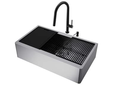 Vigo Oxford Stainless Steel 36" Rectangular Single-Bowl Undermount Flat-Front Farmhouse Kitchen Sink with Matte Black Pull-Down Sprayer Greenwich Faucet and Soap Dispenser VIVG15916