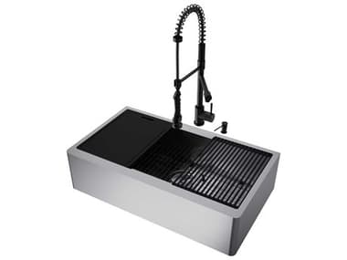 Vigo Oxford Stainless Steel 36'' Rectangular Single-Bowl Undermount Flat-Front Farmhouse Kitchen Sink with Matte Black Pull-Down Sprayer Zurich Faucet and Soap Dispenser VIVG15918