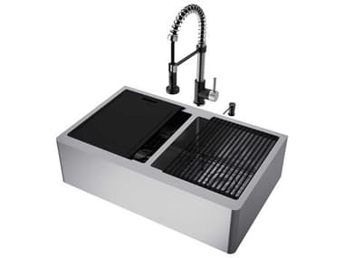 Vigo Oxford Stainless Steel 33'' Rectangular Double-Bowl Undermount Flat-Front Farmhouse Kitchen Sink with Matte Black Pull-Down Sprayer Edison Faucet and Soap Dispenser VIVG15922