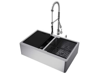 Vigo Oxford Stainless Steel 33" Rectangular Double-Bowl Undermount Flat-Front Farmhouse Kitchen Sink with Pull-Down Sprayer Zurich Faucet and Soap Dispenser VIVG15923