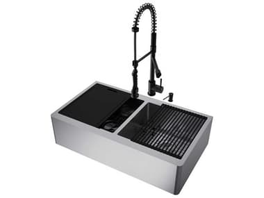 Vigo Oxford Stainless Steel 36'' Rectangular Double-Bowl Undermount Flat-Front Farmhouse Kitchen Sink with Matte Black Pull-Down Sprayer Zurich Faucet and Soap Dispenser VIVG15929