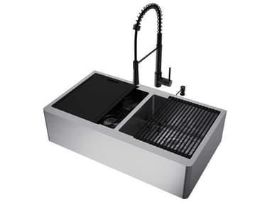 Vigo Oxford Stainless Steel 36'' Rectangular Double-Bowl Undermount Flat-Front Farmhouse Kitchen Sink with Matte Black Pull-Down Sprayer Laurelton Faucet, Soap Dispenser and Grid VIVG15930