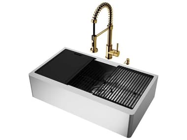 Vigo Oxford Stainless Steel 36'' Rectangular Single-Bowl Undermount Flat-Front Farmhouse Kitchen Sink with Matte Gold Pull-Down Sprayer Edison Faucet, Soap Dispenser and Grid VIVG15946