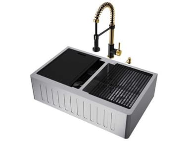 Vigo Oxford Stainless Steel 33" Rectangular Double-Bowl Farmhouse Kitchen Sink with Matte Gold / Matte Black Faucet VIVG15994