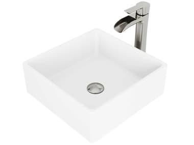 Vigo Dianthus Matte White 15'' Square Vessel Bathroom Sink with Brushed Nickel 1-Lever Niko Faucet and Drain VIVGT1082BN