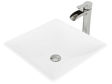 Vigo Hibiscus Matte White 16'' Square Vessel Bathroom Sink with Brushed Nickel 1-Lever Niko Faucet and Drain VIVGT1086BN