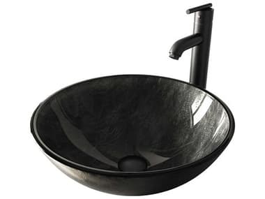 Vigo Onyx Gray 17'' Round Vessel Bathroom Sink with Matte Black 1-Lever Seville Faucet and Drain VIVGT574
