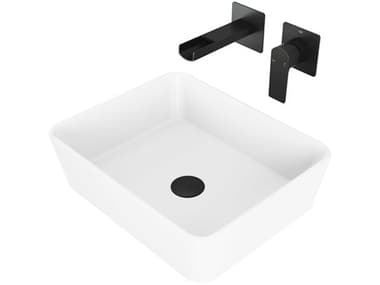 Vigo Marigold Matte White 18'' Rectangular Vessel Bathroom Sink with Matte Black Single-Handle Atticus Wall-Mount Faucet and Drain VIVGT981