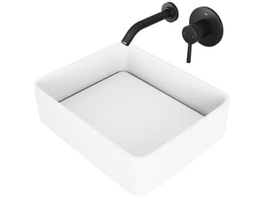 Vigo Jasmine Matte White 18'' Rectangular Vessel Bathroom Sink with  Matte Black 1-Handle Olus Wall-Mount Faucet and Drain VIVGT995