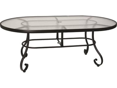 Woodard Closeout Ramsgate Aluminum 74''W x 42''D Oval Obscure Glass Top Dining Table with Umbrella Table WRCL166625