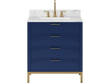 Water Creation Bristol Single Sink Carrara White Marble Countertop Bath Vanity in Monarch Blue with Satin Gold Gooseneck Faucet WTCBR30CW06MB000BL1406