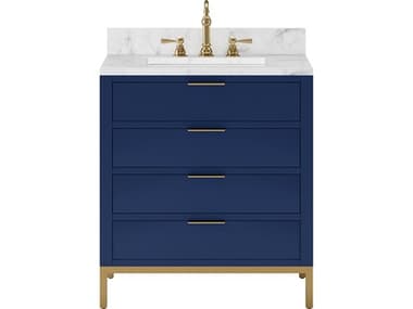 Water Creation Bristol Single Sink Carrara White Marble Countertop Bath Vanity in Monarch Blue with Satin Gold Hook Faucet WTCBR30CW06MB000TL1206