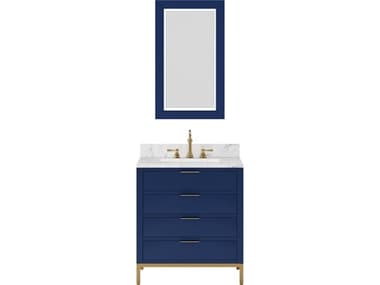 Water Creation Bristol Single Sink Carrara White Marble Countertop Bath Vanity in Monarch Blue with Rectangular Mirror (S) WTCBR30CW06MBR21000000