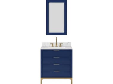 Water Creation Bristol Single Sink Carrara White Marble Countertop Bath Vanity in Monarch Blue with Satin Gold Gooseneck Faucet and Rectangular Mirror (S) WTCBR30CW06MBR21BL1406