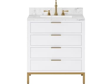 Water Creation Bristol Single Sink Carrara White Marble Countertop Bath Vanity in Pure White with Satin Gold Hook Faucet WTCBR30CW06PW000TL1206
