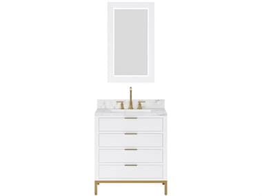 Water Creation Bristol  Single Sink Carrara White Marble Countertop Bath Vanity in Pure White with Satin Gold Gooseneck Faucet and Rectangular Mirror (S) WTCBR30CW06PWR21BL1406