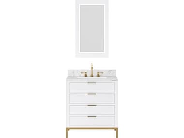 Water Creation Bristol Single Sink Carrara White Marble Countertop Bath Vanity in Pure White with Satin Gold Hook Faucet and Rectangular Mirror (S) WTCBR30CW06PWR21TL1206