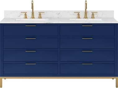 Water Creation Bristol Double Sink Carrara White Marble Countertop Bath Vanity in Monarch Blue with Satin Gold Gooseneck Faucets WTCBR60CW06MB000BL1406