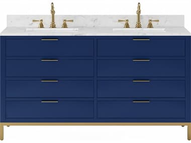 Water Creation Bristol Double Sink Carrara White Marble Countertop Bath Vanity in Monarch Blue with Satin Gold Hook Faucets WTCBR60CW06MB000TL1206
