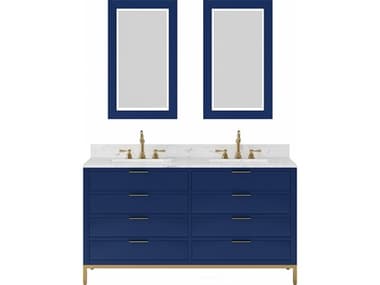 Water Creation Bristol Double Sink Carrara White Marble Countertop Bath Vanity in Monarch Blue with Rectangular Mirrors (S) WTCBR60CW06MBR21000000