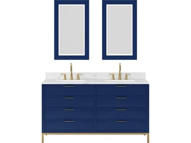 Water Creation Bristol Double Sink Carrara White Marble Countertop Bath Vanity in Monarch Blue with Satin Gold Gooseneck Faucets and Rectangular Mirrors (S) WTCBR60CW06MBR21BL1406