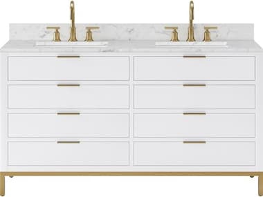 Water Creation Bristol Double Sink Carrara White Marble Countertop Bath Vanity in Pure White with Satin Gold Gooseneck Faucets WTCBR60CW06PW000BL1406