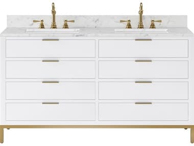 Water Creation Bristol Double Sink Carrara White Marble Countertop Bath Vanity in Pure White with Satin Gold Hook Faucets WTCBR60CW06PW000TL1206