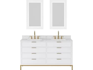 Water Creation Bristol Double Sink Carrara White Marble Countertop Bath Vanity in Pure White with Satin Gold Gooseneck Faucets and Rectangular Mirrors (S) WTCBR60CW06PWR21BL1406