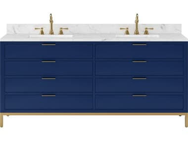Water Creation Bristol Double Sink Carrara White Marble Countertop Bath Vanity in Monarch Blue with Satin Gold Hook Faucets WTCBR72CW06MB000TL1206