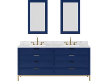 Water Creation Bristol Double Sink Carrara White Marble Countertop Bath Vanity in Monarch Blue with Rectangular Mirrors (S) WTCBR72CW06MBR21000000