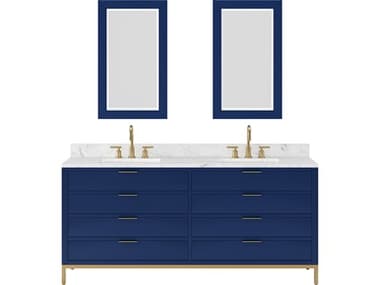 Double Sink Carrara White Marble Countertop Bath Vanity in Monarch Blue with Satin Gold Gooseneck Faucets and Rectangular Mirrors (S)Satin Gold Vanity WTCBR72CW06MBR21BL1406