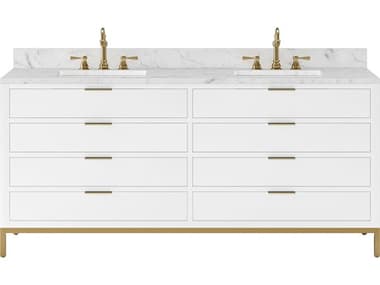 Water Creation Bristol Double Sink Carrara White Marble Countertop Bath Vanity in Pure White with Satin Gold Hook Faucets WTCBR72CW06PW000TL1206