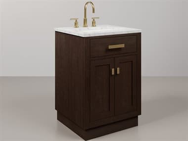 Water Creation Chestnut Single Sink Carrara White Marble Countertop Bath Vanity In Brown Oak with Satin Gold Hardware and Gooseneck Faucet WTCCH24CW06BK000BL1406