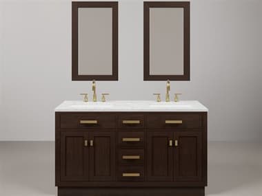 Water Creation Chestnut Double Sink Carrara White Marble Countertop Bath Vanity In Brown Oak with Satin Gold Hardware, Gooseneck Faucet and Rectangular Mirror (S) WTCCH60CW06BKR21BL1406