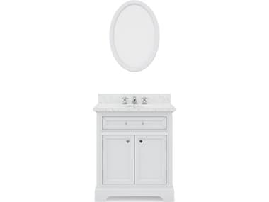 Water Creation Derby Single Sink Carrara White Marble Countertop Bath Vanity In Pure White with Chrome Classic Faucet and Oval Mirror (S) WTCDE30CW01PWO24BX0901
